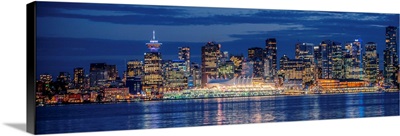 Panorama Of Vancouver Skyline At Night, British Columbia, Canada