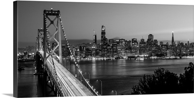 Panoramic Black and White photograph of Bay Bridge, San Francisco