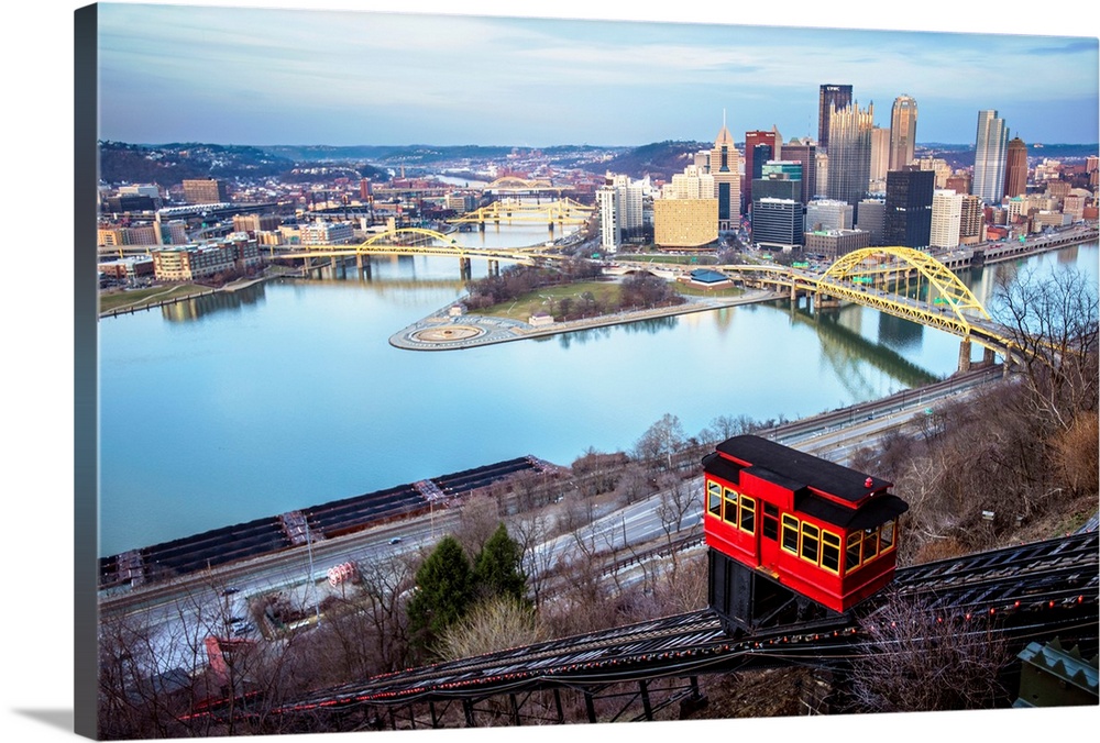 View of the downtown Pittsburgh, where the Ohio River, Monongahela River and Allegheny River meet. The forks of the Ohio.