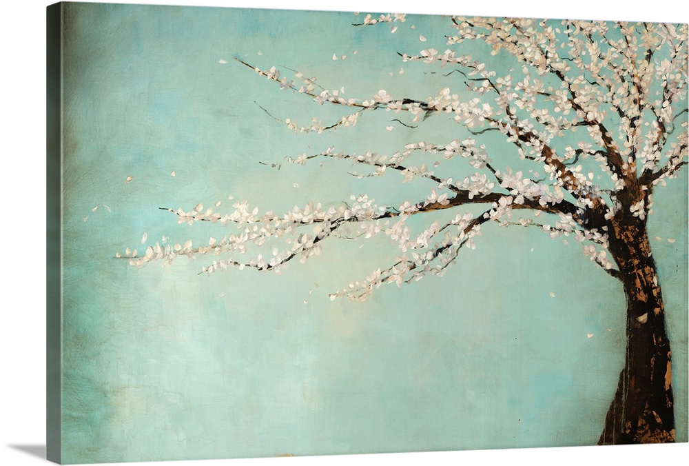 Painting of a tree full of blooming flowers swaying in the wind against a cool background.