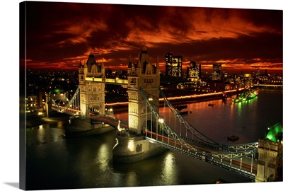 Aerial view over Tower Bridge, London, England, United Kingdom, Europe