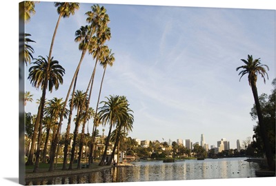 Downtown district skyscrapers located behind Echo Park Lake, Los Angeles, California