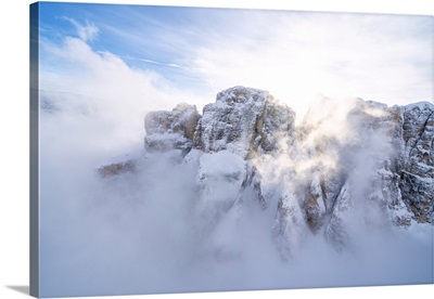 Mist Over The Snowy Peaks Of Sella Group, Dolomites, South Tyrol, Italy, Europe