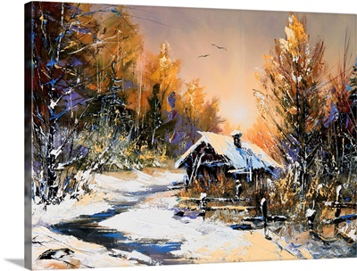 Oil painting of rural winter landscape