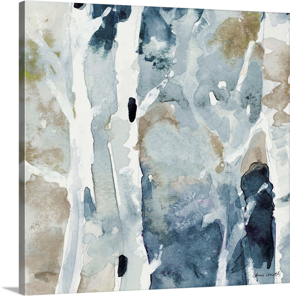 Contemporary artwork featuring energetic watercolor dabs of color revealing birch trees in the negative space.