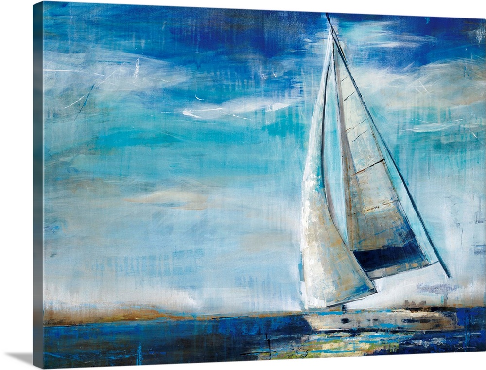 Large, horizontal painting of a sailboat in deep blue waters, against a sky of whipping clouds. Painted with quick, wispy ...