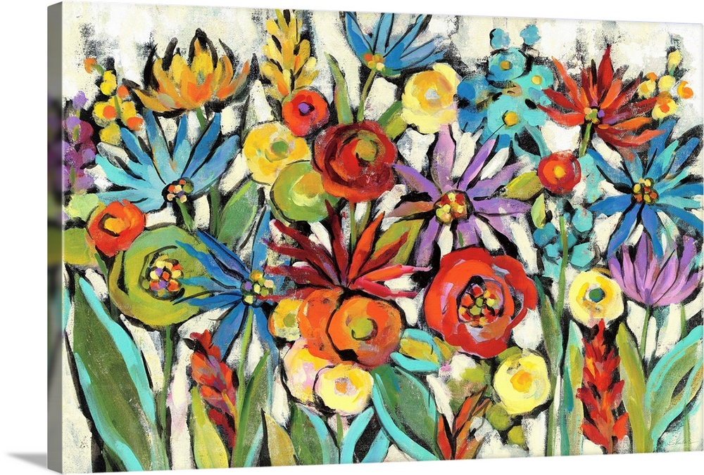 Colorful abstract painting of a group of wildflowers on a neutral background.