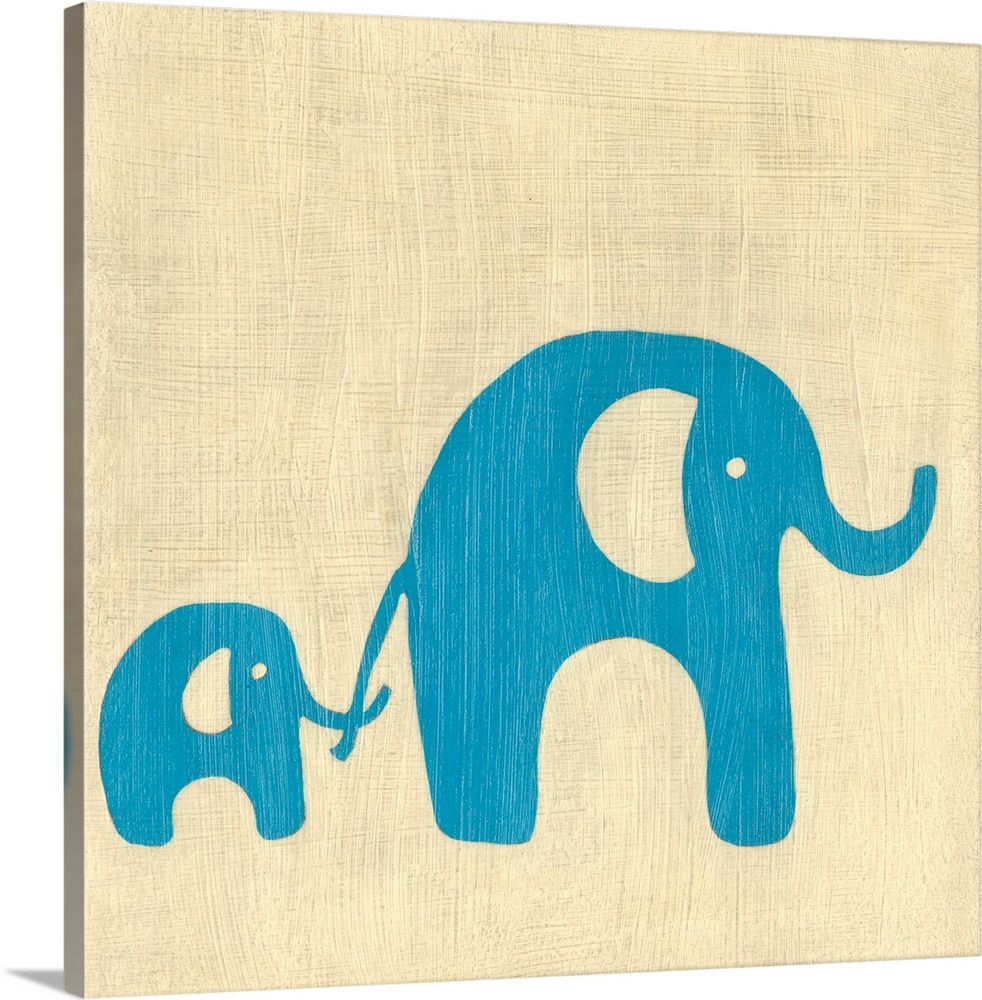 Chrildren's themed painting of two simplistic elephants, one holding the other's tail with its nose, on a cream colored ba...