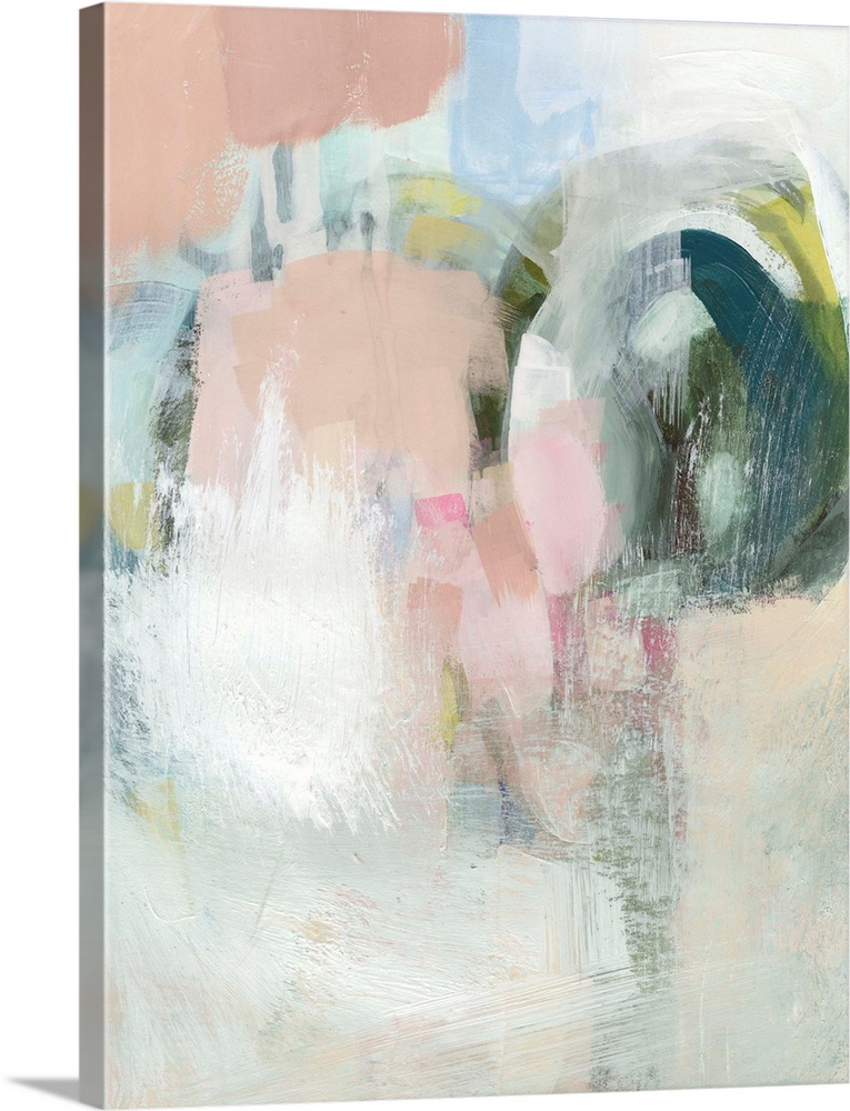 Contemporary abstract painting in muted pinks and white with bright patches of color.