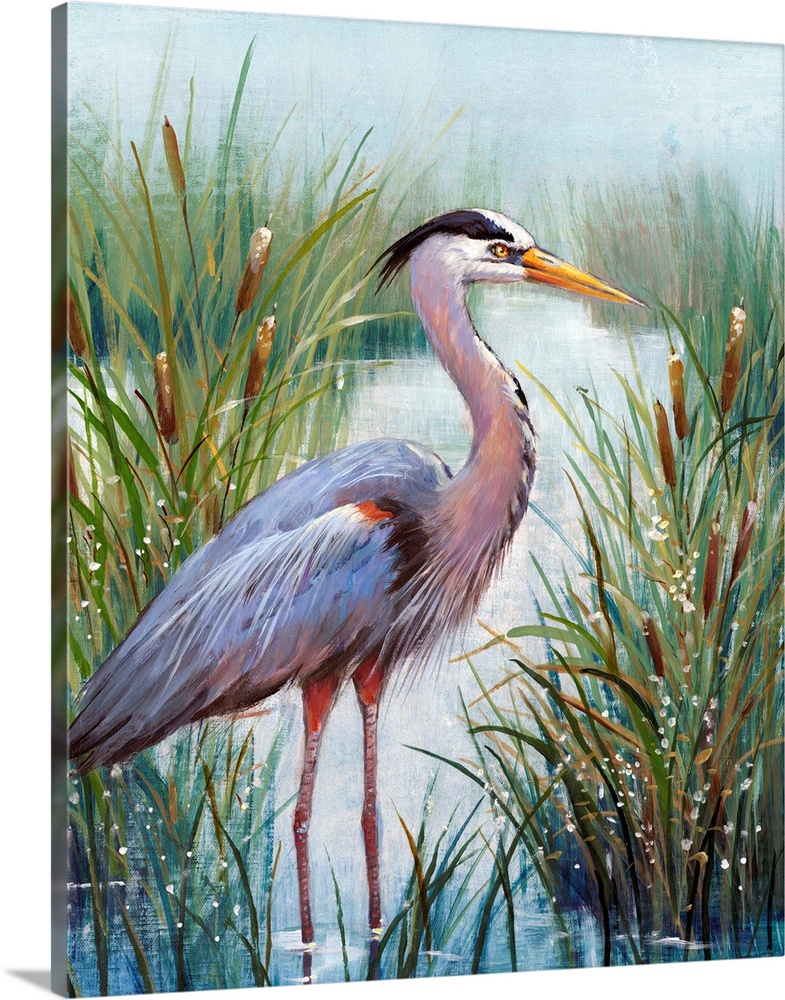 In this contemporary artwork, a stoic heron wades in the water with tall grasses and cattails working as camouflage.