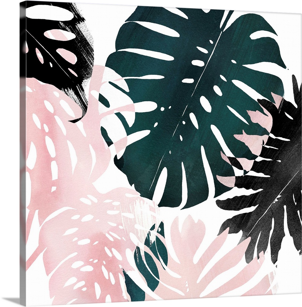 Contemporary painting of pink, green, and black tropical palm fronds.