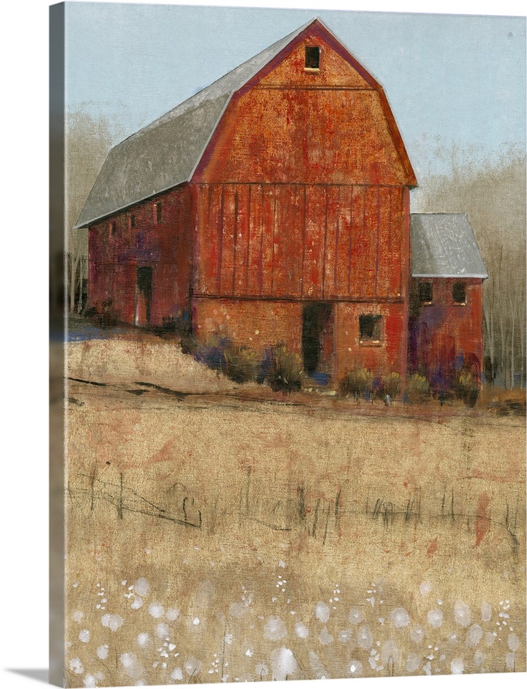 Countryside artwork of rustic red barn on a straw colored field.