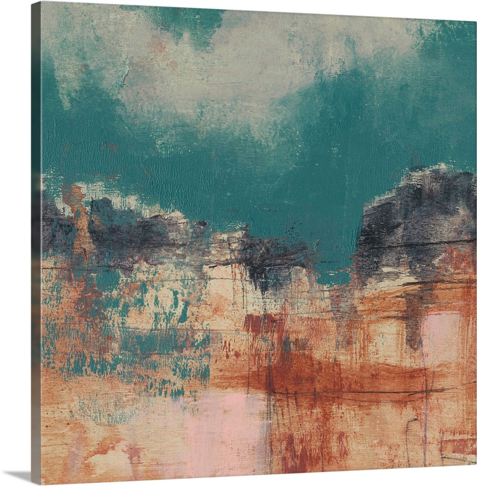 This square landscape painting features a rocky canyon formation with a vibrant teal sky dappled above.