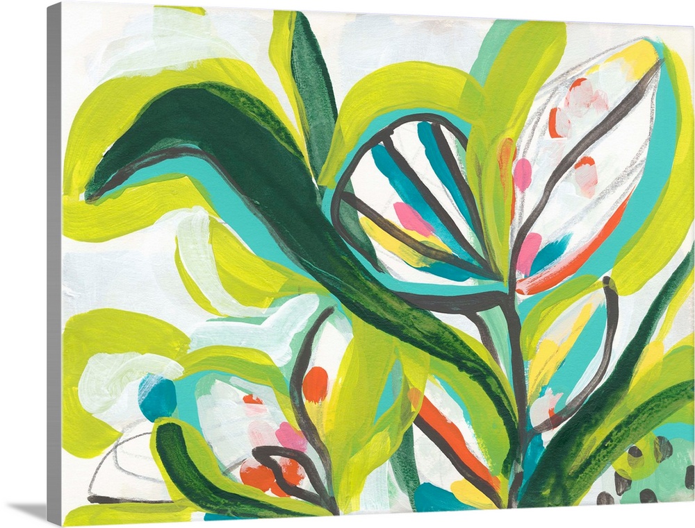 Contemporary abstract painting with tropical floral shapes in vibrant green hues.