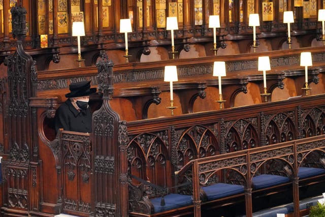 <p>The Queen Elizabeth at the funeral of her husband, the Duke of Edinburgh, in St George’s Chapel, Windsor Castle (Jonathan Brady/PA)</p>