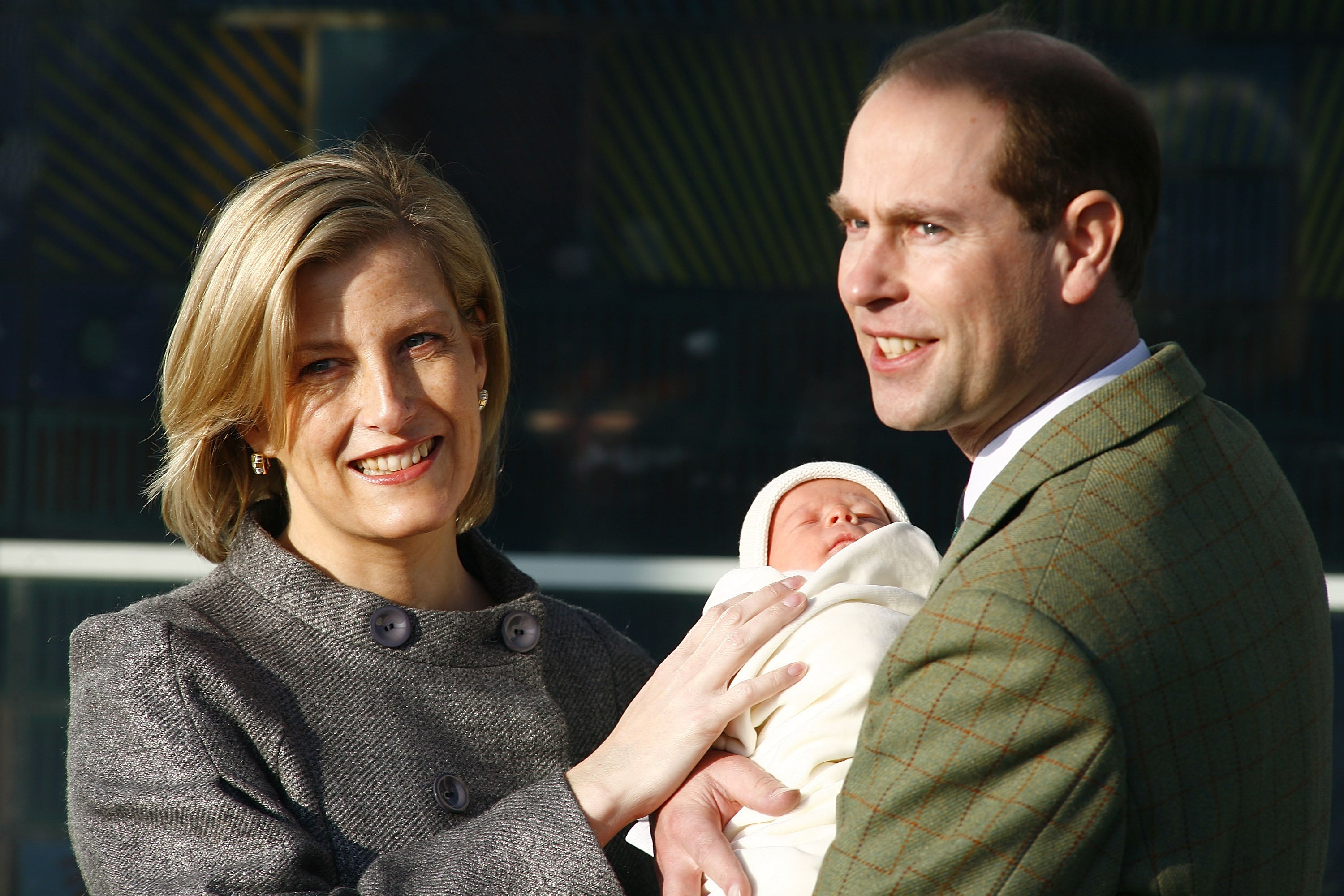 Prince Edward, Earl of Wessex and Sophie Rhys-Jones, Countess of Wessex leave Hospital with their new baby boy at Frimley Park Hospital on December 20, 2007