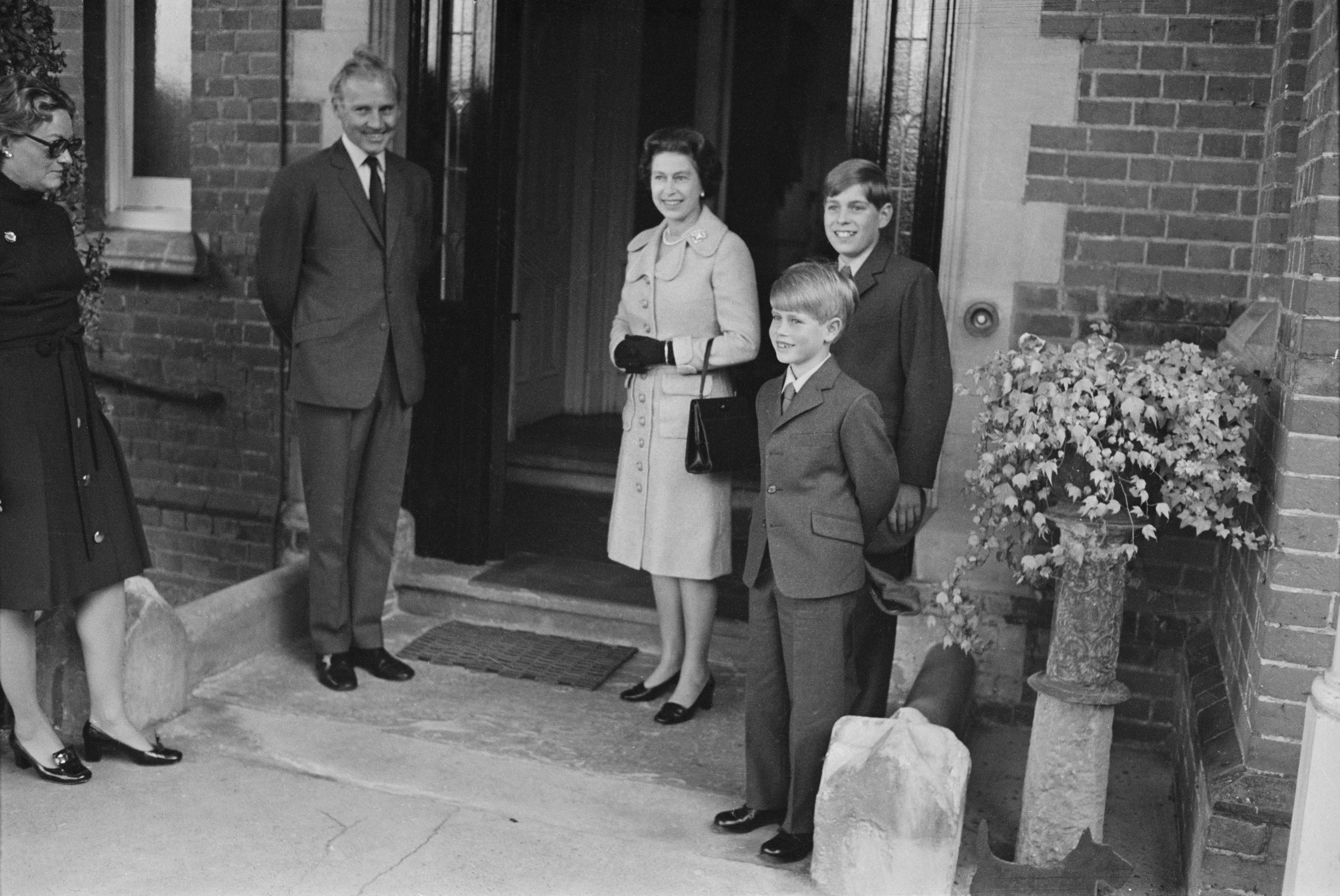 Queen Elizabeth II pictured with her sons Prince Andrew (behind) and Prince Edward as Prince Edward starts his first day at Heatherdown Preparatory School near Ascot, England on 16th September 1972