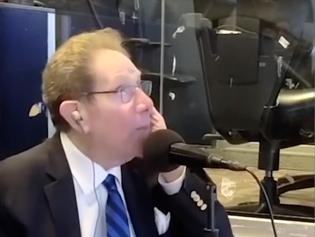 <p>New York Yankees radio broadcaster John Sterling, shortly before being hit by a foul ball</p>