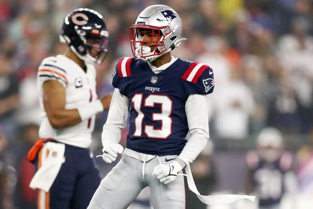 <p>Jack Jones #13 of the New England Patriots reacts after a tackle during the first quarter against the Chicago Bears at Gillette Stadium on October 24, 2022 in Foxborough, Massachusetts</p>