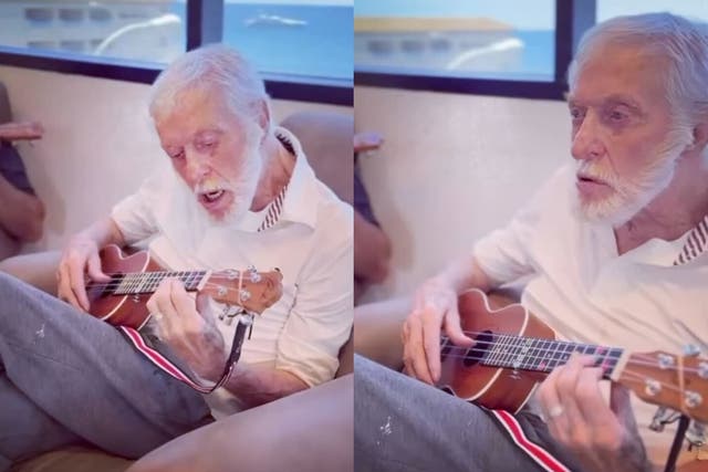 <p>Dick Van Dyke shows the new skills he is learning as he takes his first ukelele lesson</p>