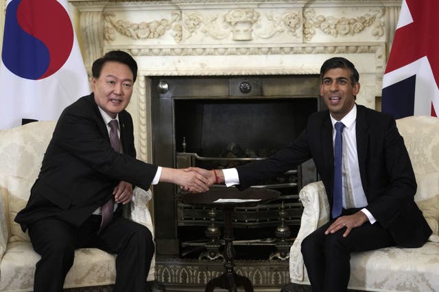 Rishi Sunak welcomes President of South Korea Yoon Suk Yeol to Downing Street (Kin Cheung/PA)