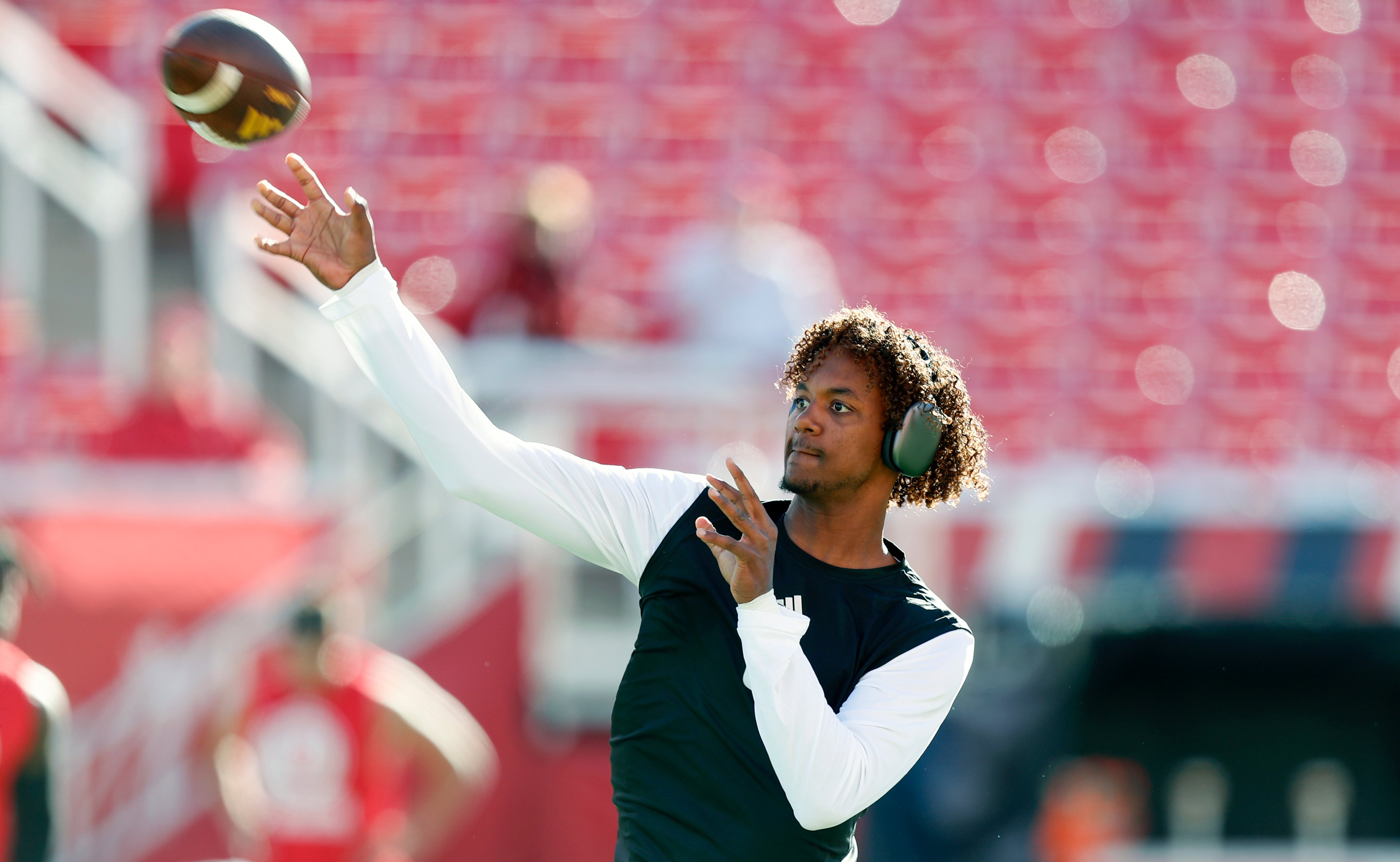 Jaden Rashada #5 of the Arizona State Sun Devils throws a pass during warmups before their game against the Utah Utes at Rice Eccles Stadium on November 4, 2023 in Salt Lake City, Utah