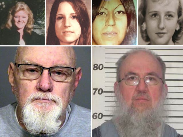 <p>Warren Alexander (bottom left), who is awaiting trial for murder of Nona Cobb (top left), has been arrested for the murder of three women in California (top). Cobb was first thought to be a victim of Sean Patrick Goble (bottom right) until DNA excluded him as a suspect</p>