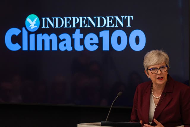 <p>Former British prime minister Theresa May speaks at The Independent’s inaugural Climate 100 event on September 25 in New York </p>