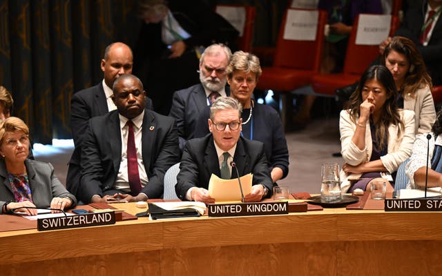 <p>Sir Keir Starmer addresses the Security Council during the 79th United Nations General Assembly in New York (Leon Neal/PA)</p>