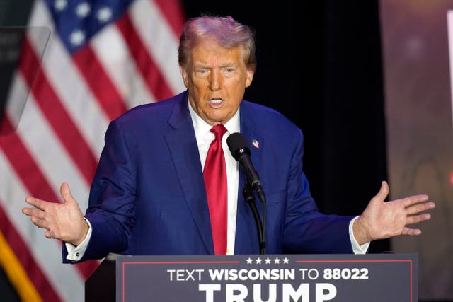 <p>Former President Donald Trump speaks during a campaign event in Prairie du Chien, Wisconsin</p>