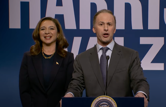 <p>Maya Rudolph as Kamala Harris and Andy Samberg as Harris’s husband, Doug Emhoff, on ‘Saturday Night Live'</p>