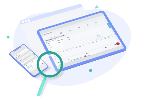 Social media analytics reports on a tablet, mobile phone, and desktop browser window