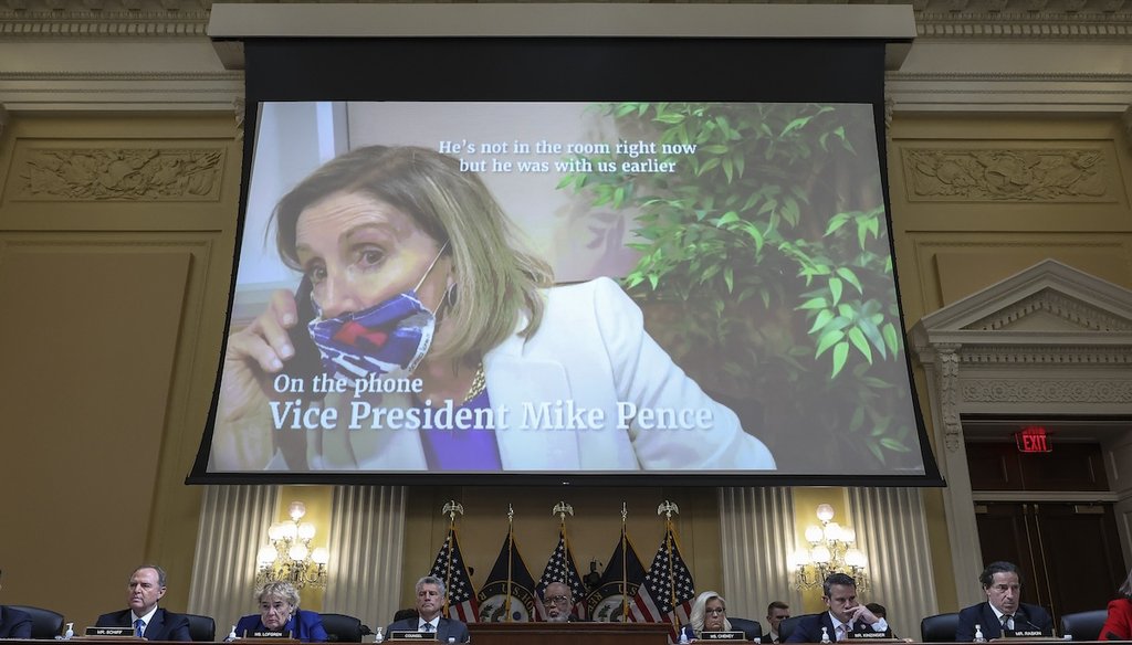 Video of House Speaker Nancy Pelosi of Calif., during the breach of the U.S. Capitol building on Jan. 6, 2021, is played as the House select committee investigating the Capitol attack. (AP)