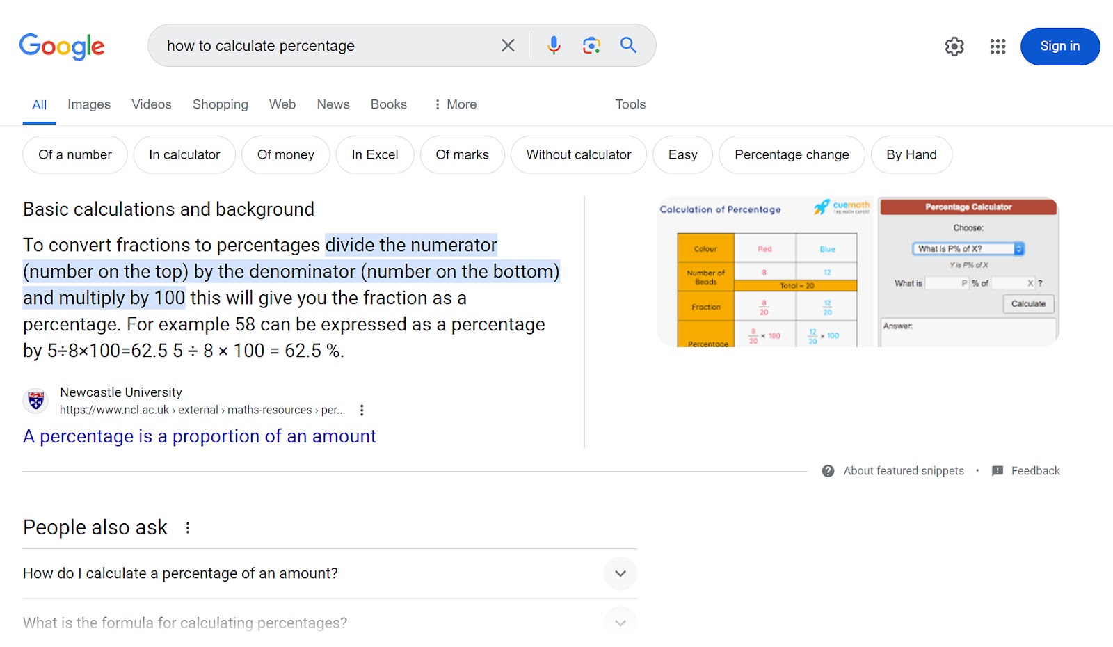 Google SERP for "how to calculate percentage"