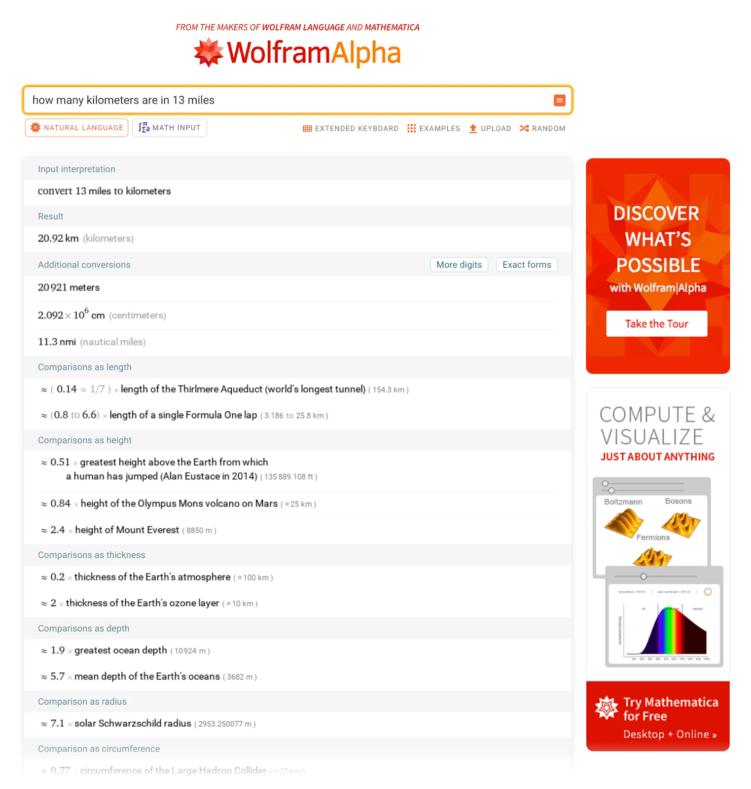 WolframAlpha SERP for "how many kilometers are in 13 miles"