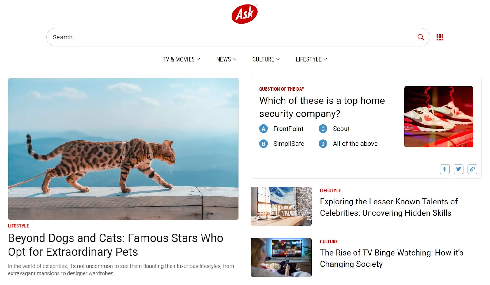 Ask homepage showing various articles