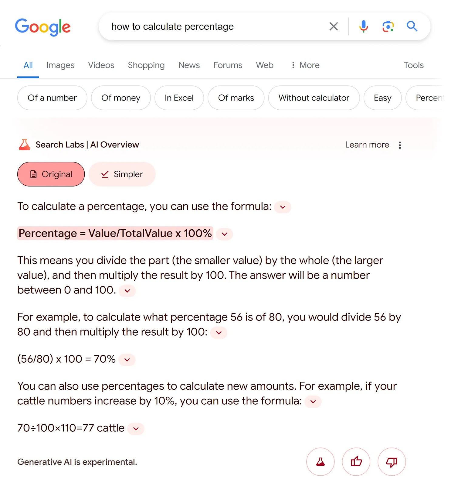 Google SERP for "how to calculate percentage" showing the "AI Overview" section