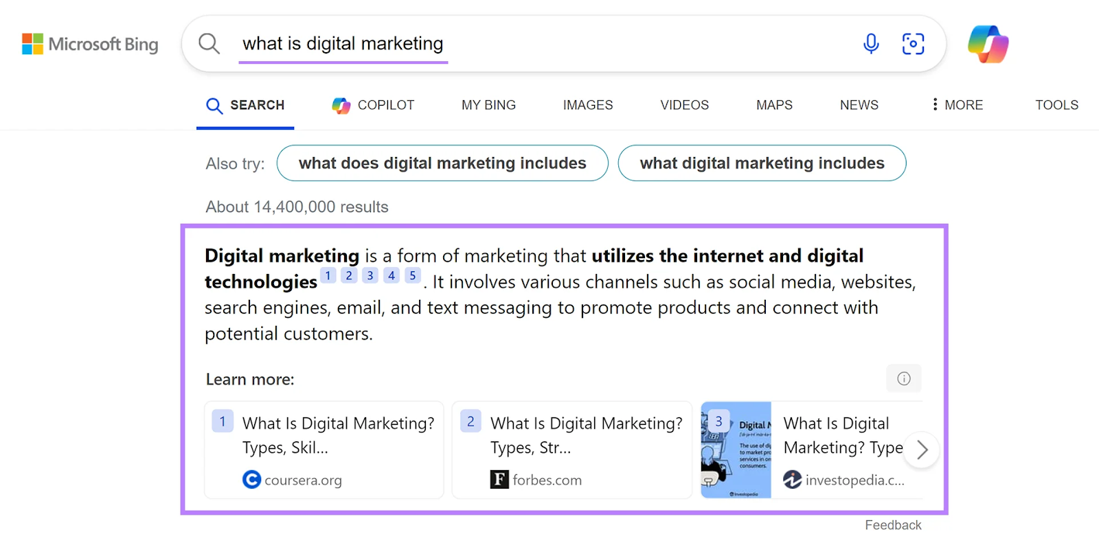 Microsoft Bing SERP for the keyword "what is digital marketing" with the AI summary box highlighted