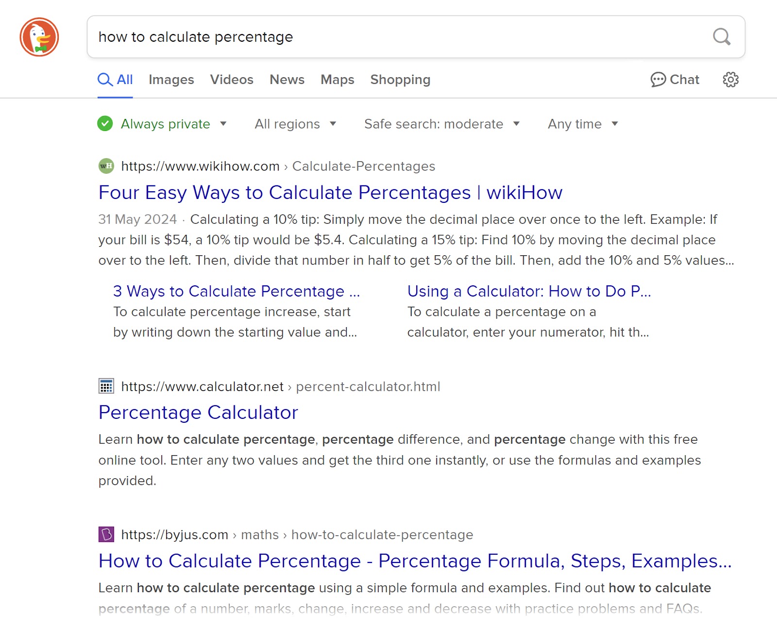 DuckDuckGo SERP for "how to calculate percentage"