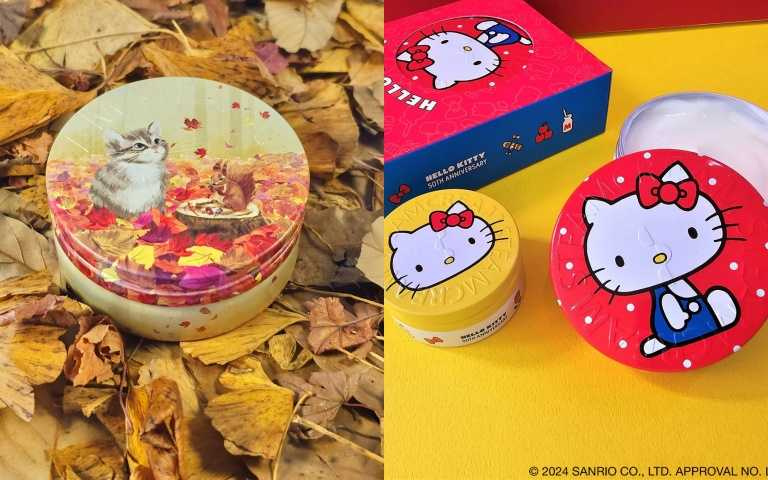 (右)「HELLO KITTY 50周年限定紀念收藏盒」(75g/罐+30g/罐，每盒兩入1,090元)，(左)「虎斑貓與蓬蓬松鼠」(75g/罐，售價640元)。（圖／品牌提供）