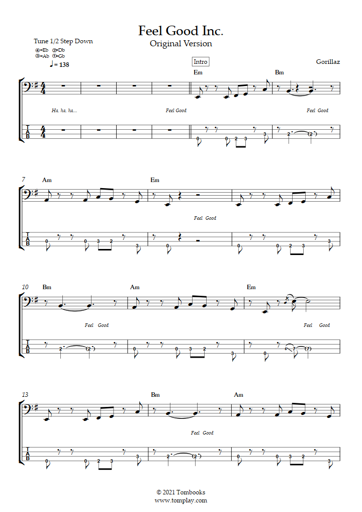 Feel Good Inc Version Originale Gorillaz Bass Tabs