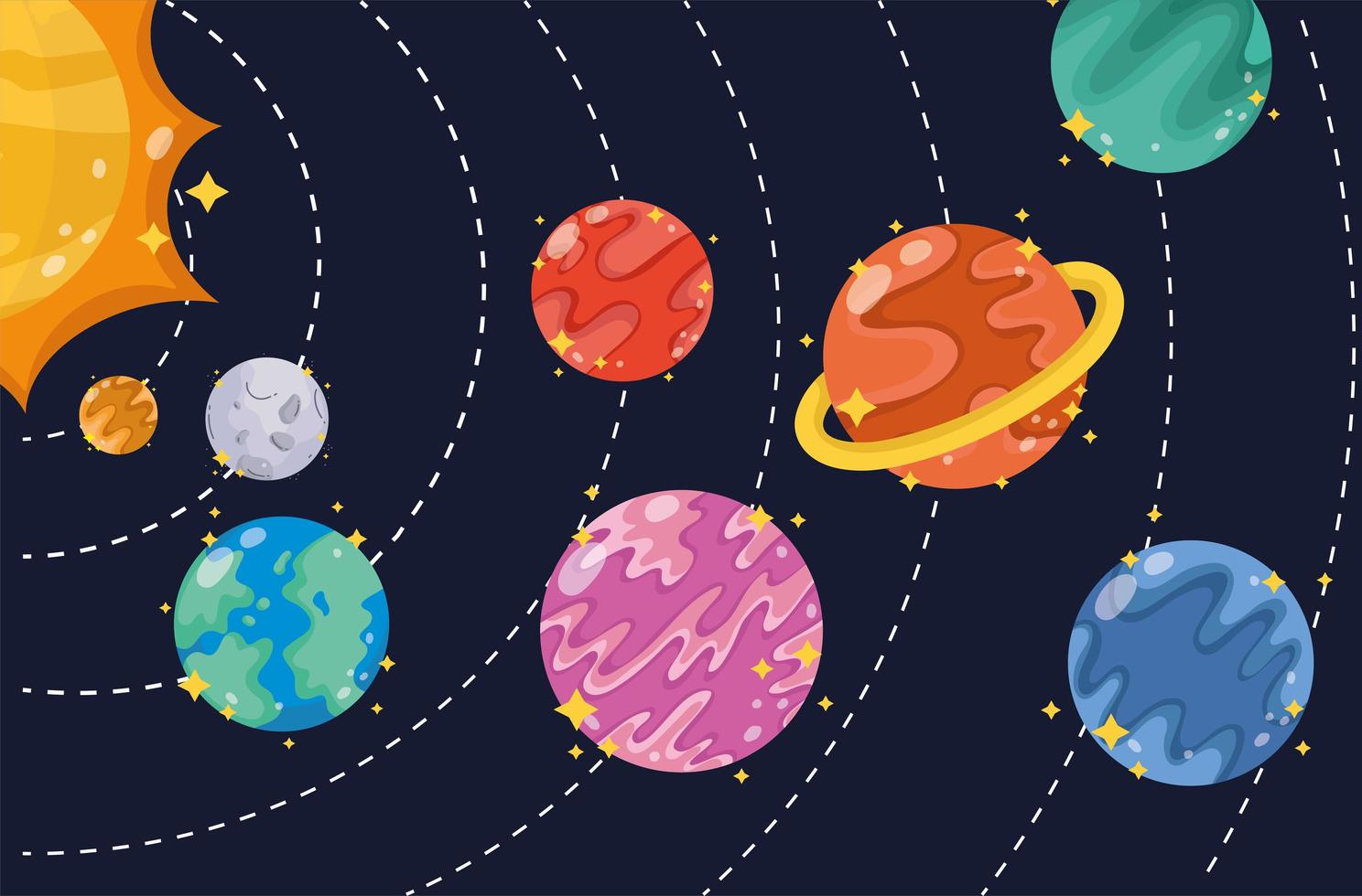 espacio sistema solar cosmos planetas sol luna dibujos animados vector