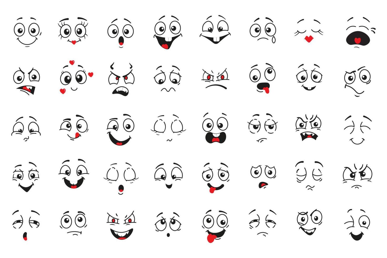 Cartoon comics faces set, Smiling, crying and surprised character face icons vector