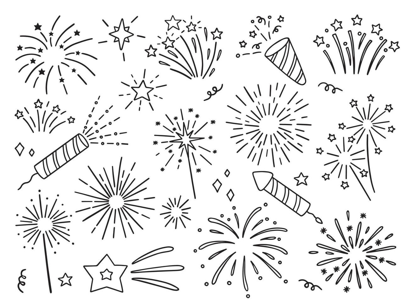 Hand drawn set of fireworks doodle. Fireckrackers in sketch style. Vector illustration isolated on white background