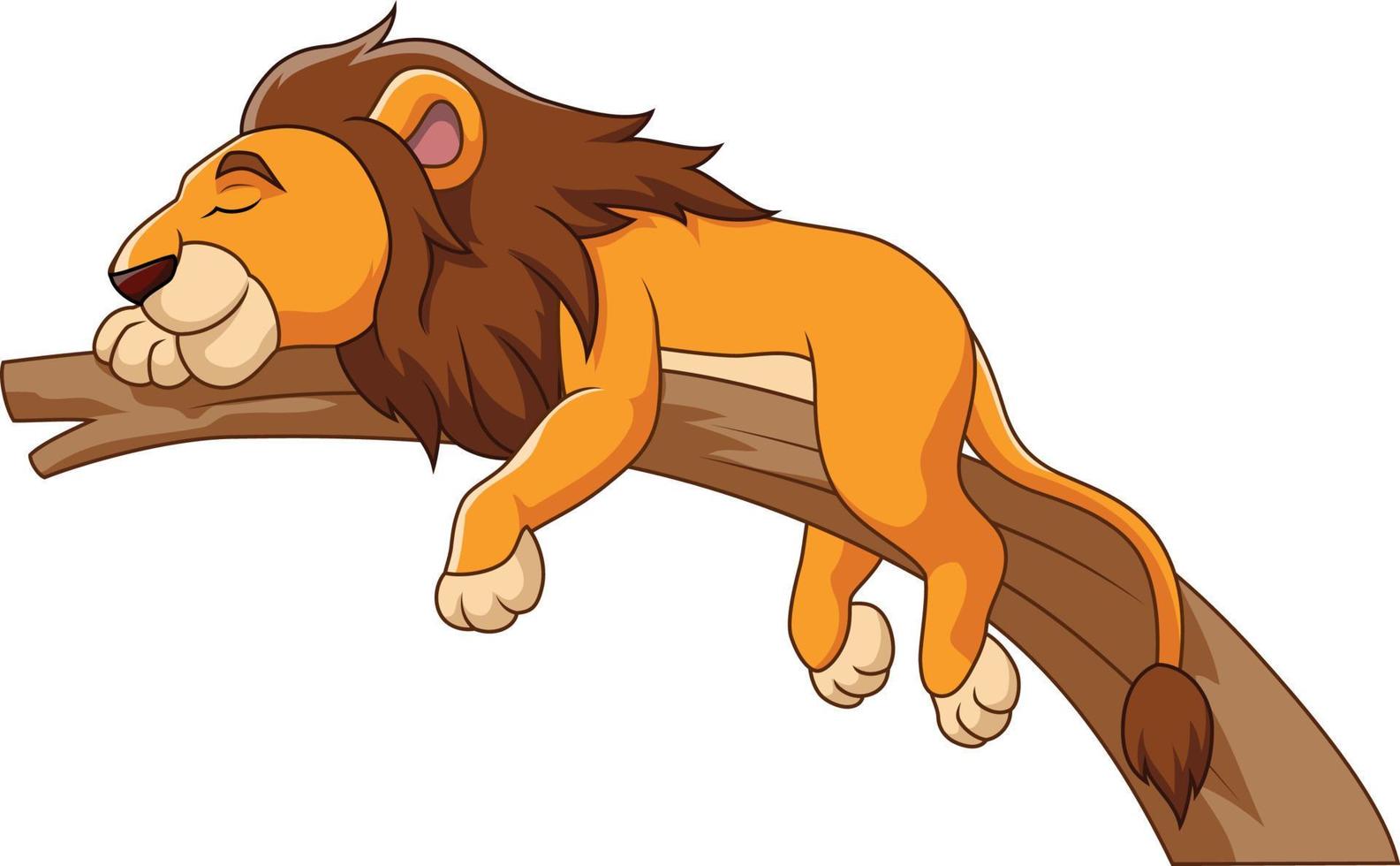 Cartoon lion sleeping on tree branch vector