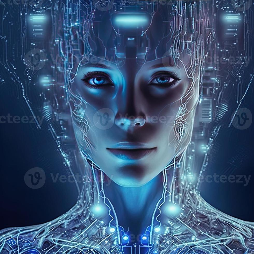 Artificial intelligence  virtual woman characters  portrait for concept design. Retro future 3D render illustration. Blue glow light with computer board elements. Ai render. photo