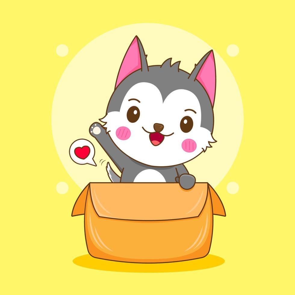 Cartoon illustration cute husky character playing inside box vector