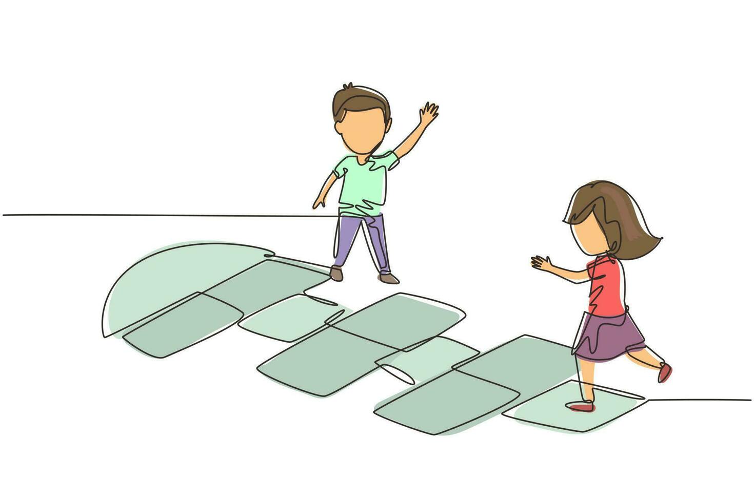 Single continuous line drawing little girl and boy playing hopscotch at kindergarten yard. Happy kids hopping at playground. Hop scotch court drawn with chalk. One line draw graphic design vector