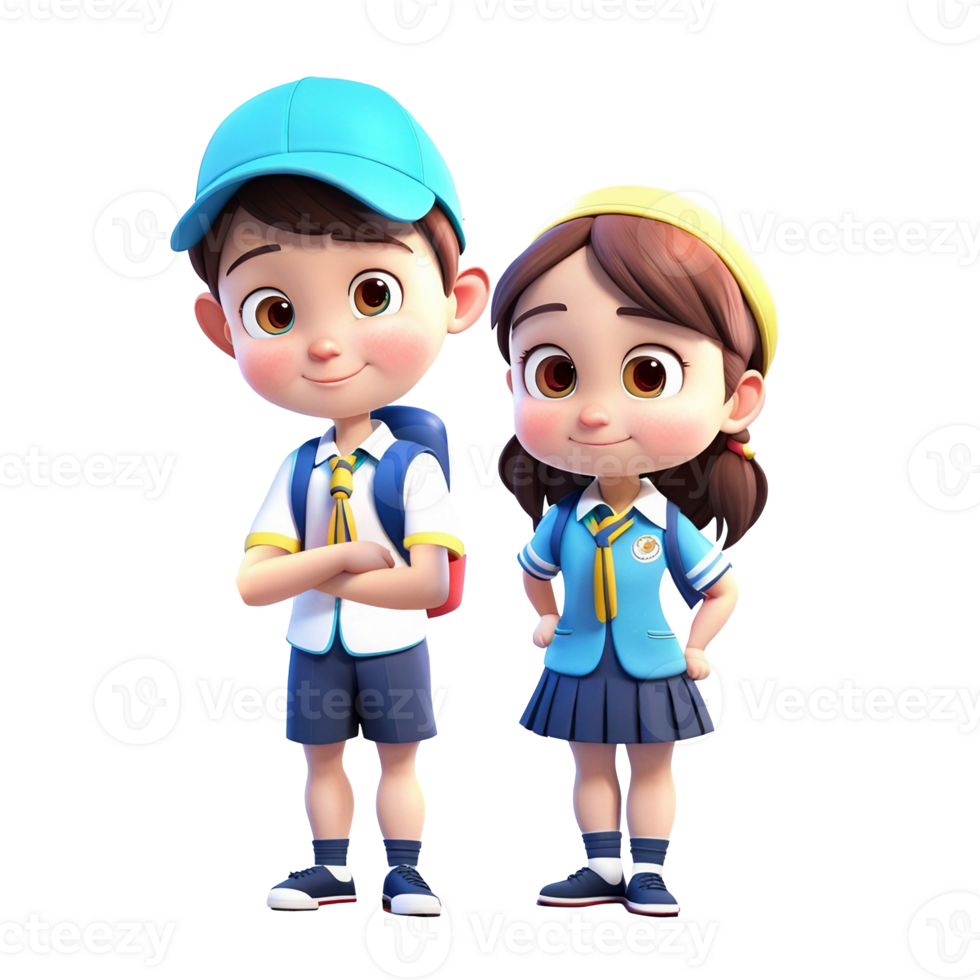 Boy and girl wearing school uniform outfits, illustration 3D image, cartoon character isolated on transparent background, AI Generative png