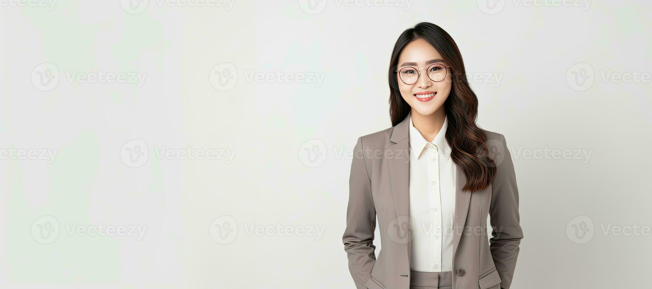 Portrait of young asian employee standing on white background. AI Generated photo